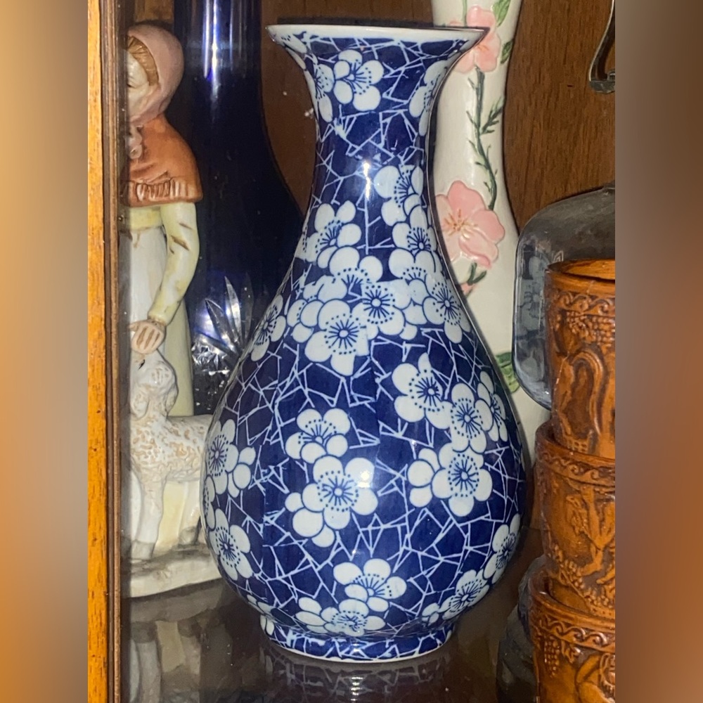 Antique Blue & White Ceramic Vase handmade and painted